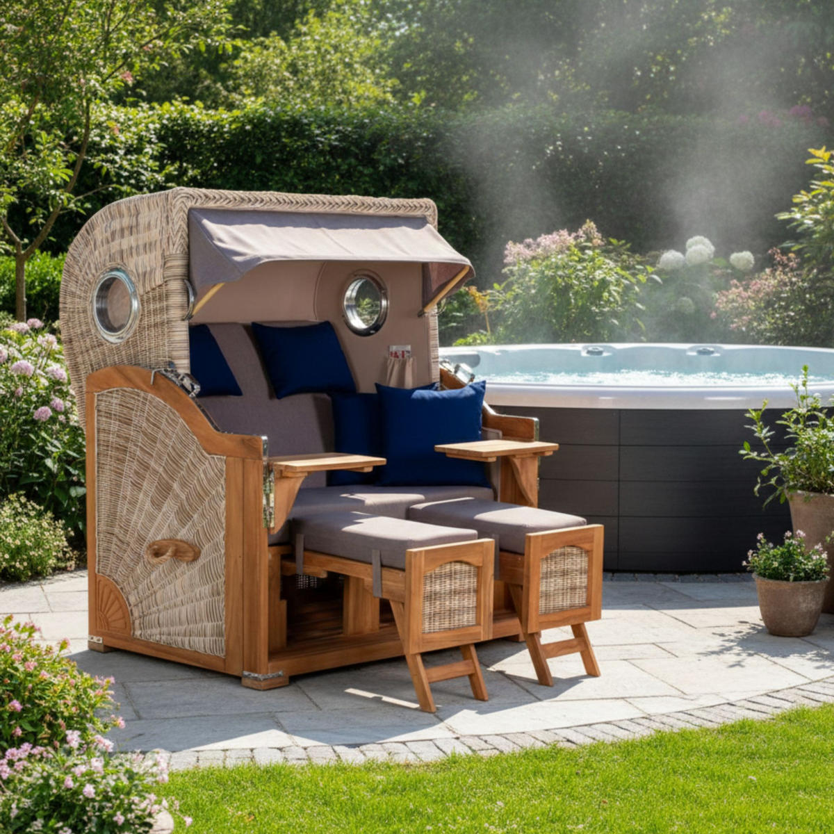 STRANDKORB XXL Düne Grande Teak PE Shell - Braun/Grau, Metall (142/170/95cm) - Mr. Deko