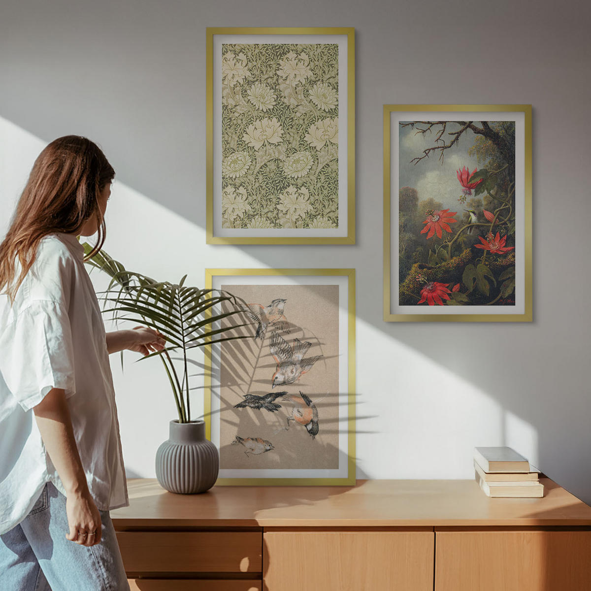 WANDBILDER 3er Set - 40x60 cm Goldrahmen - Blumen, Vögel, Natur - Goldfarben, Kunststoff (40/60cm) - ArtPrintCave