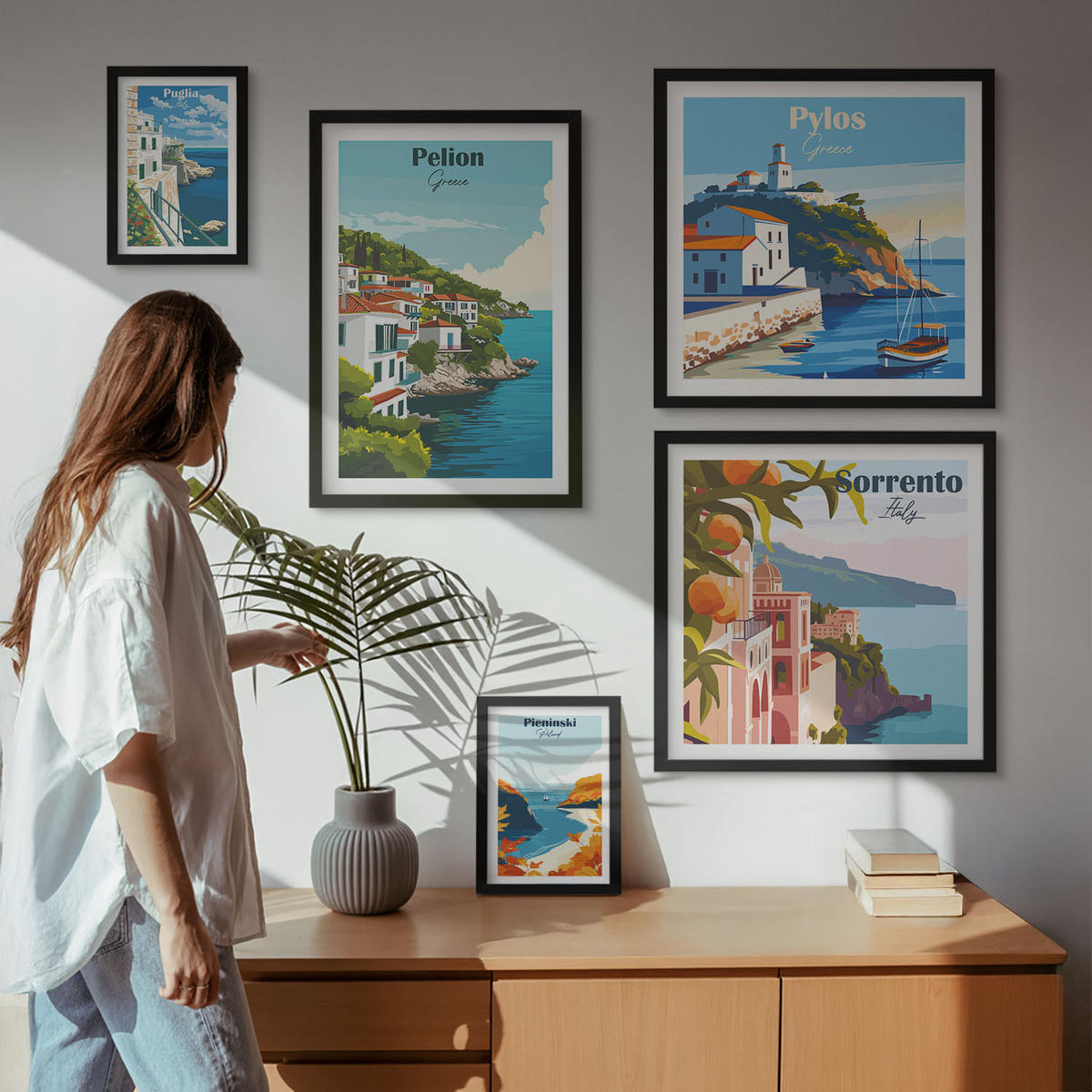 WANDBILDER 5er-Set - 50x50 cm & 20x30 cm & 40x60 cm Schwarzer Rahmen - Farbenfrohe Illustrationen von Retro-Städten - Schwarz, Kunststoff (40/60cm) - ArtPrintCave