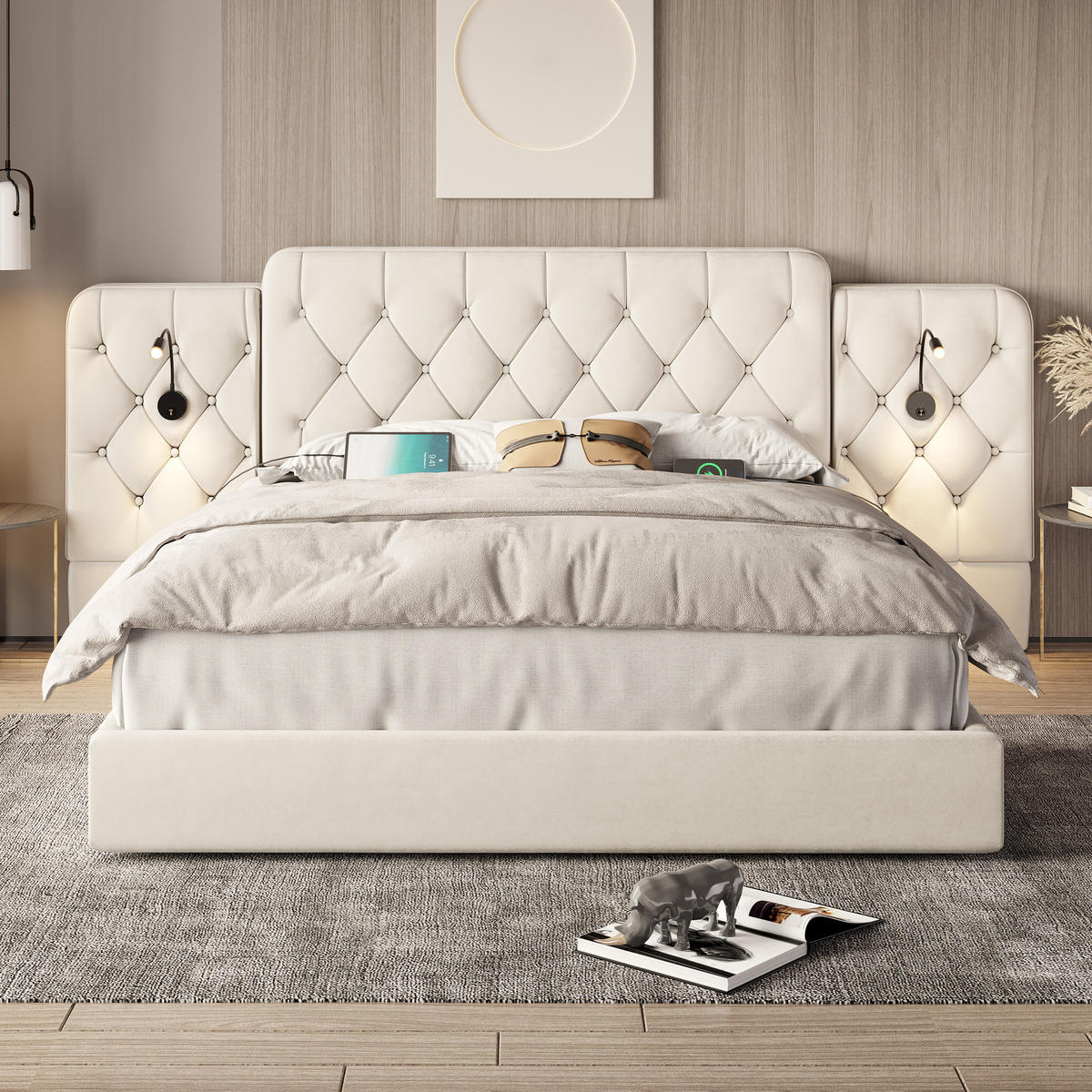 POLSTERBETT 180/200 cm in Beige Samt mit Bettkasten, Leselampe und USB - Beige, Holzwerkstoff/Textil (180/200cm) - WISHDOR
