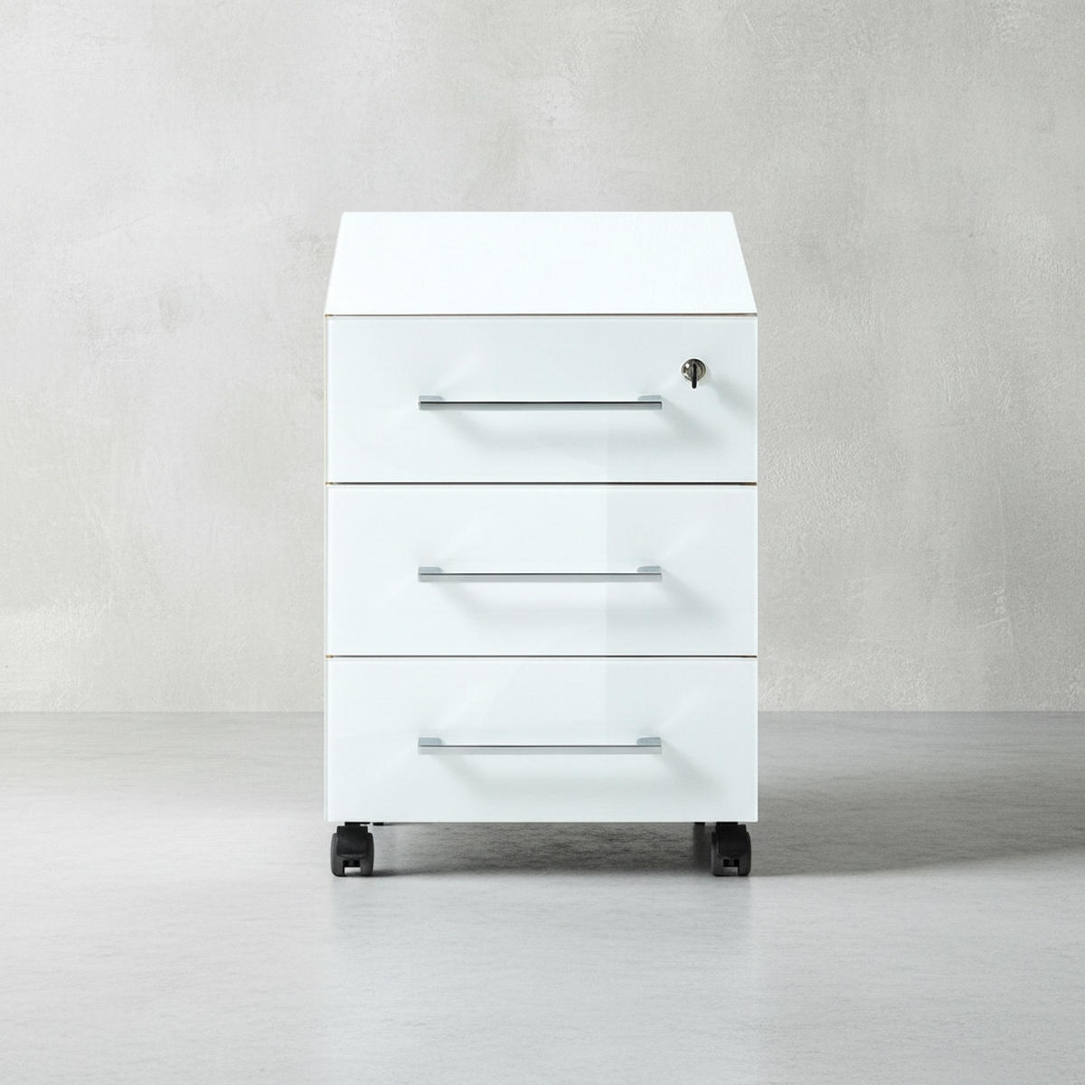 ROLLCONTAINER Glasfront 3 Schubladen Soft-Close & Abschließbar, Serie "Muenchen" Chalet-Eiche-Nb./Weiß - Weiß, Holzwerkstoff/Metall (40/55/50cm) - KADIMA DESIGN