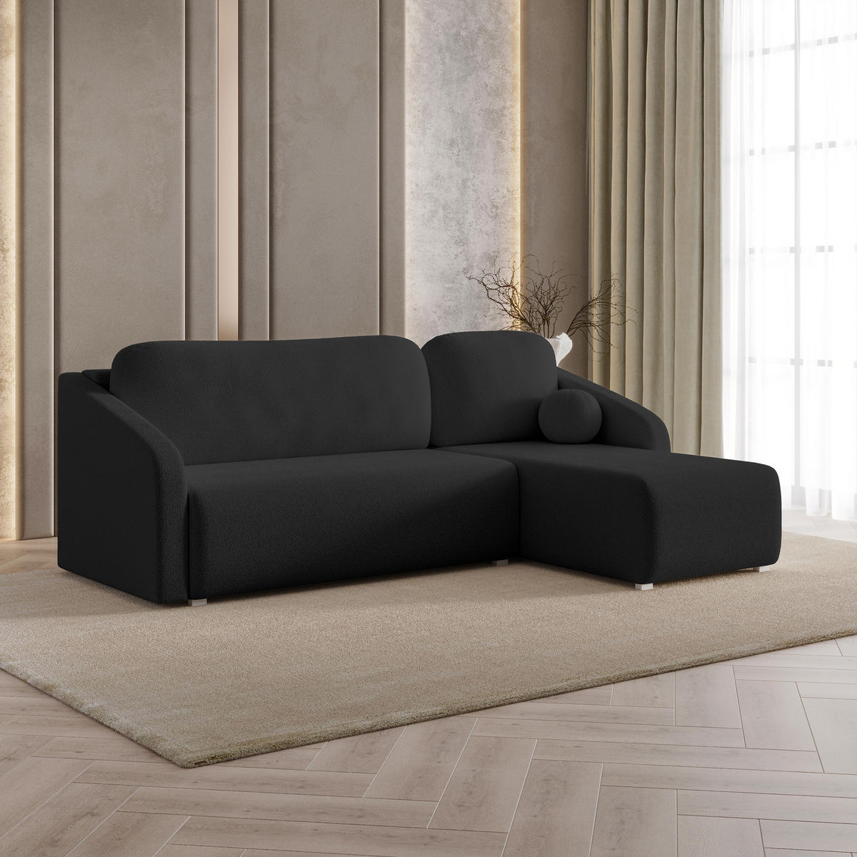 ECKSOFA MARELLO Schwarz Boucle-Stoff mit Schlaffunktion - Schwarz, Holz (220/143cm) - MASSENO