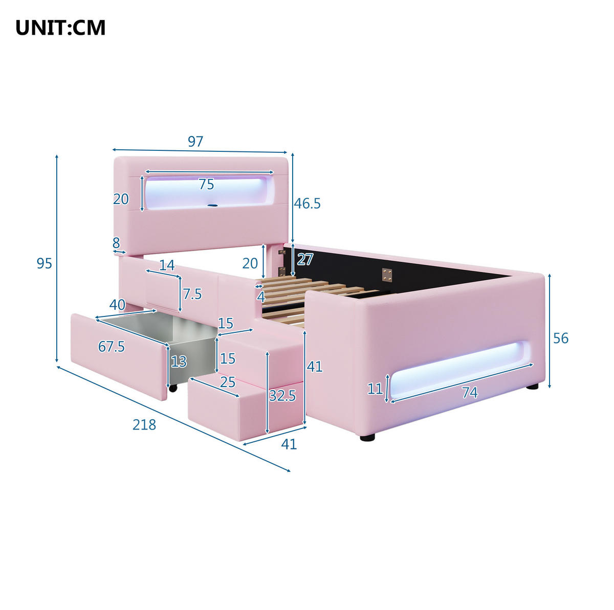 BETT mit Schublade und LED 90x200 cm PU Rosa - Pink, Holzwerkstoff (90/200cm) - Beauniv
