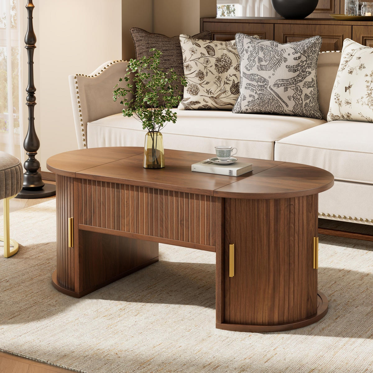 COUCHTISCH 100/50/40,5 cm höhenverstellbar mit Schiebetüren und offenen Fächern, MDF Nussbaum - Nussbaumfarben, Holzwerkstoff (100/50/40.5cm) - Modfu