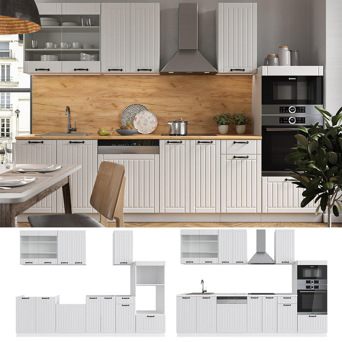 KÜCHENZEILE Fame-Line Weiß Landhaus/Weiß 300 cm mit Hochschrank AP Anthrazit - Creme/Weiß, Holzwerkstoff (300/81.6/60cm) - Vicco