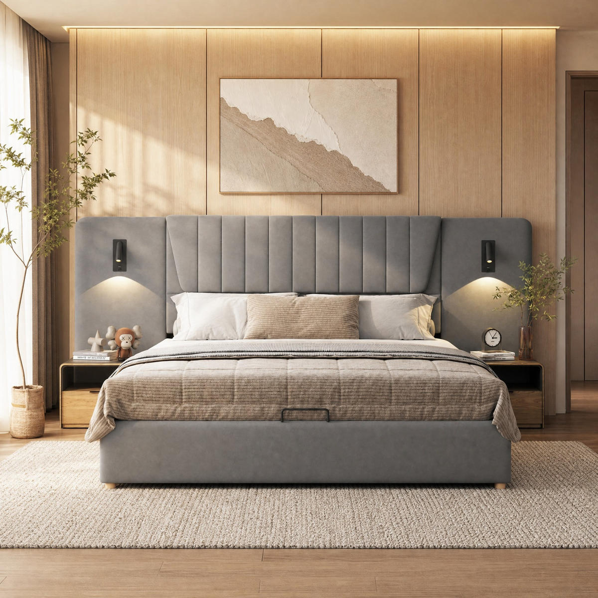 POLSTERBETT 180/200 mit Bettkasten, schwenkbarer Leselampe, USB und extra langem Kopfteil in Grau - Grau, Holzwerkstoff/Textil (180/200cm) - EVRYAE