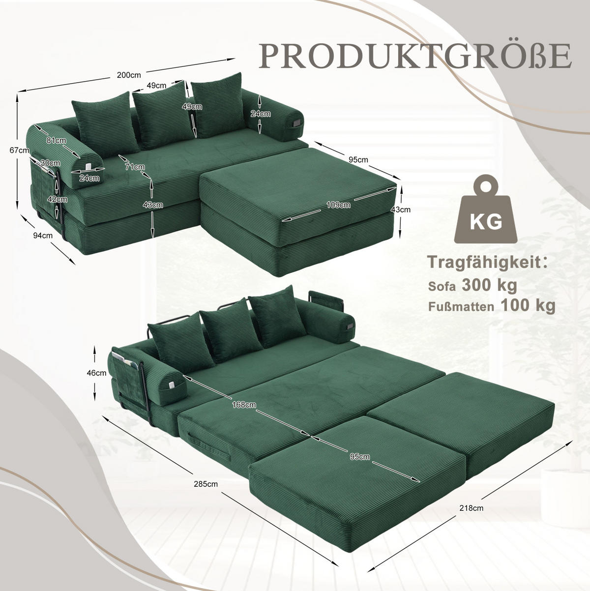 MODULARES Sofa 200/190/67 cm aus Cord mit Hocker und Seitentasche Smaragdgrün - Smaragdgrün, Textil (190/67/200cm) - Modenvie