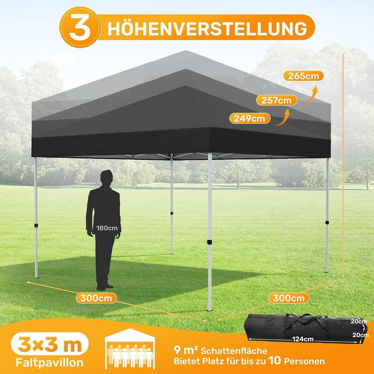 GARTENPAVILLON 3x3m Wasserdicht UV-Schutz 50+ Schwarz - Schwarz, Textil (300/265/300cm)