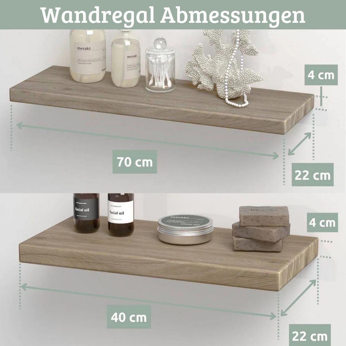 WANDREGAL 2er-Set Holz HYDI Eichenholz Massiv - Braun, Holz (70/4/22cm) - DELUKE