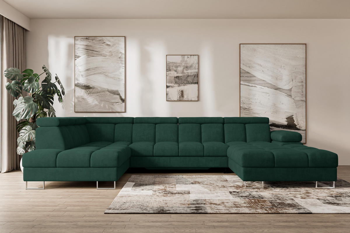 WOHNLANDSCHAFT mit Schlaffunktion und Bettkasten Ottomane Links COMA U 345x203x79 Grün Velours - Grün, Holzwerkstoff/Textil (345/79/203cm) - ALTDECOR