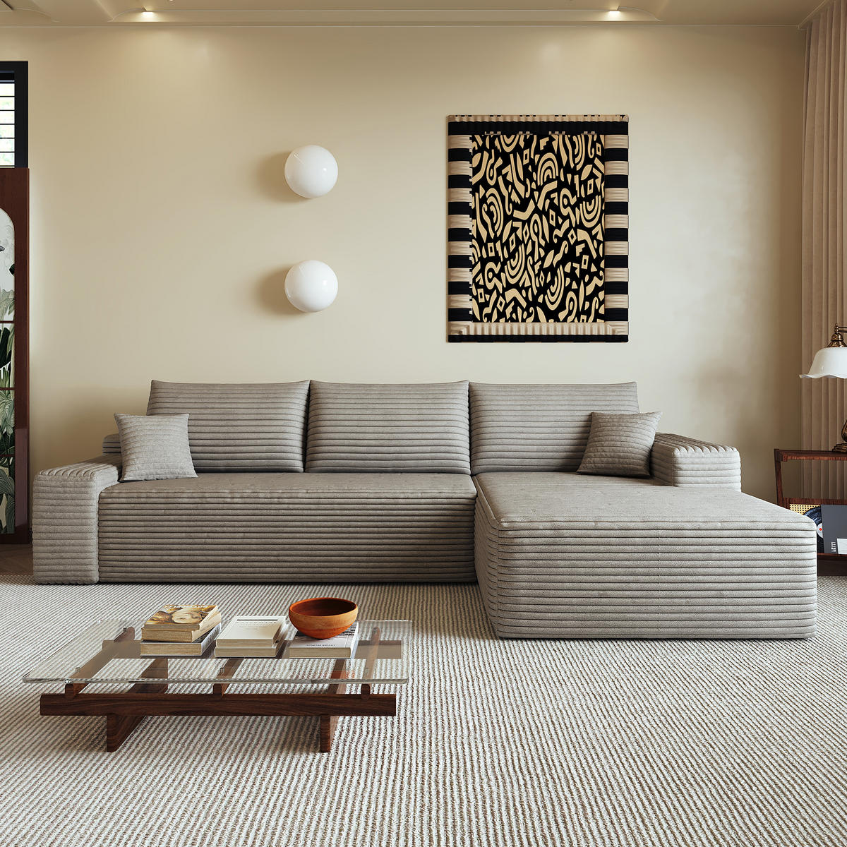 ECKSOFA 270/175/83 cm Kamel Cord mit Chaiselongue, Rechte Seite - Klar/Cappuccino, Textil (270/175cm) - Oxeza