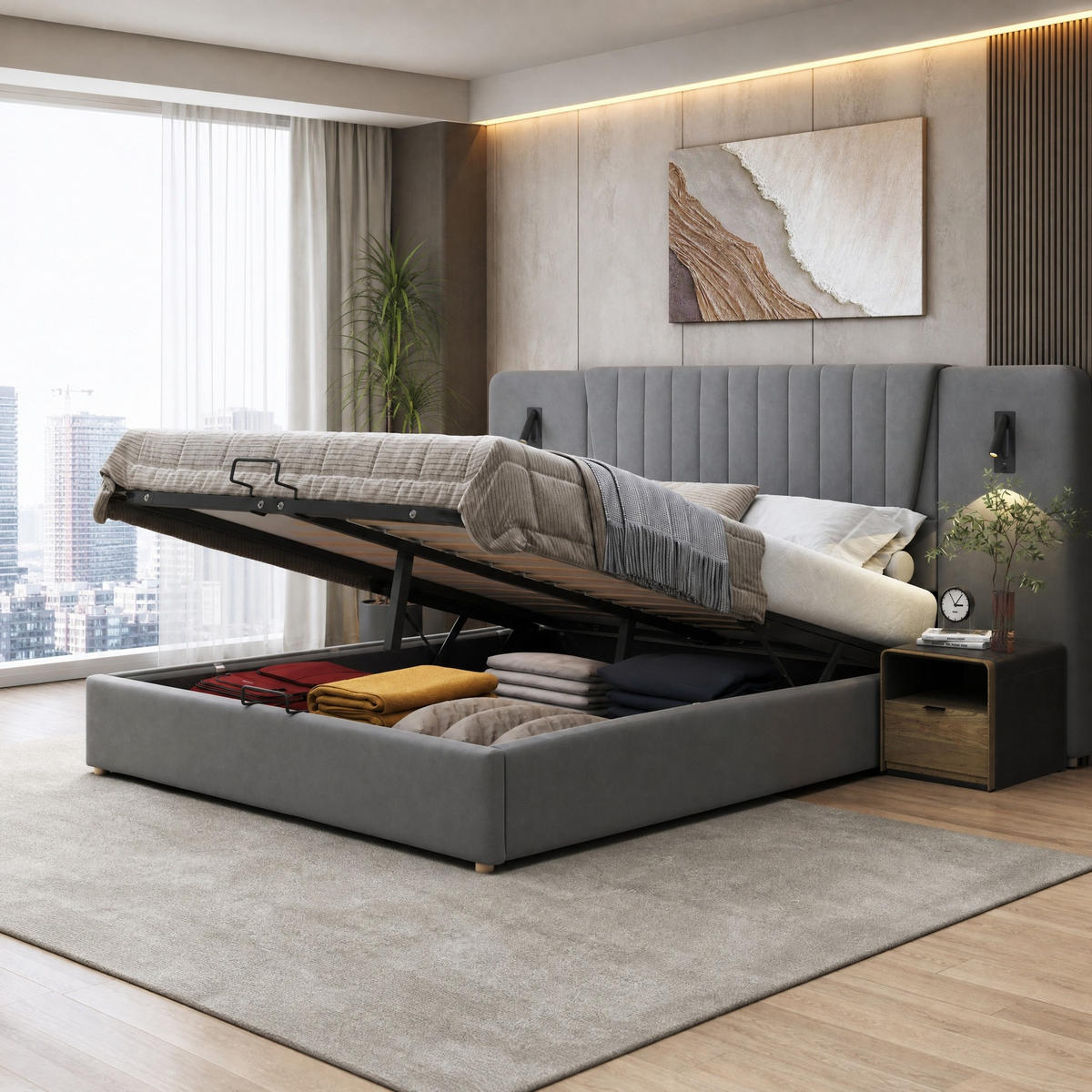 POLSTERBETT 180/200 cm aus Samt mit Leselampe und Stauraum, Grau - Grau, Textil (180/200cm) - OKMYHOME