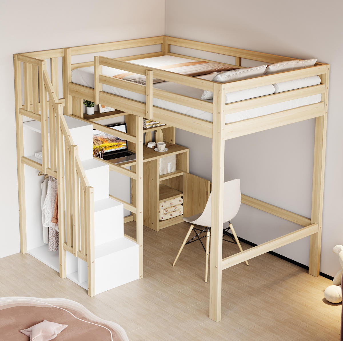 HOCHBETT 90/200 cm in Naturholz – mit Schreibtisch, Stauraumtreppe und Regalen - Naturfarben, Holzwerkstoff (90/200cm) - BEAOK