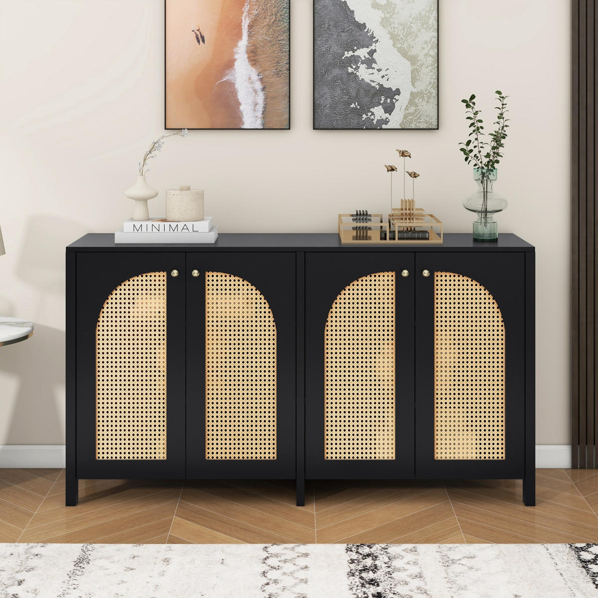 SIDEBOARD 145x40x80 cm, 4 Türen, Rattanoptik, Schwarz - Schwarz, Holz (145/80/40cm)