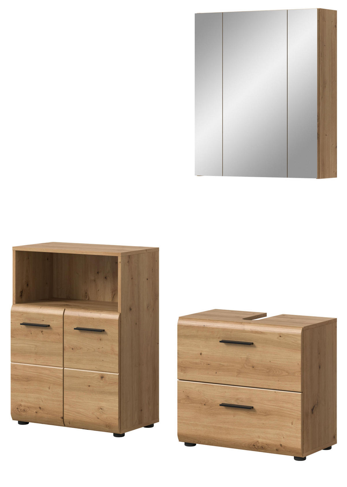 BADMÖBEL-SET 3-teilig in Eiche Artisan, Badkombination modern mit Vollauszug Schubkästen, Breite 135 cm - Schwarz/Eiche Artisan, Glas/Holzwerkstoff (135/185/30cm) - Inn.Furn