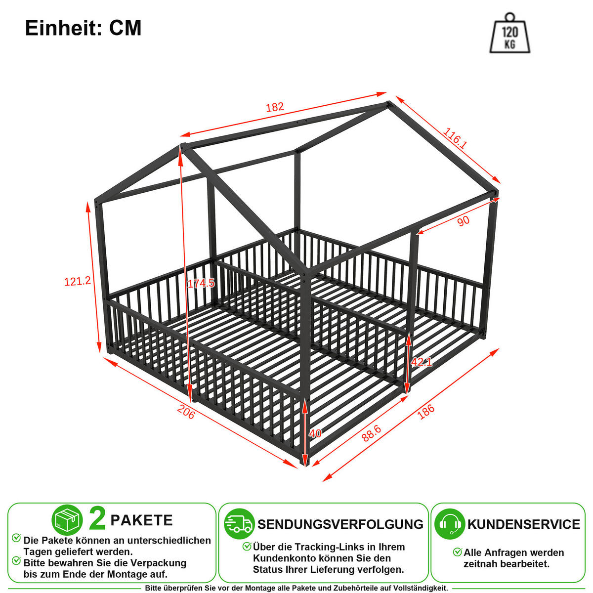 ETAGENBETT 90/200 cm & 90/200 cm in Schwarz mit Leiter, Geländer und Hausdesign - Schwarz, Metall (90/200cm) - CHICFURN