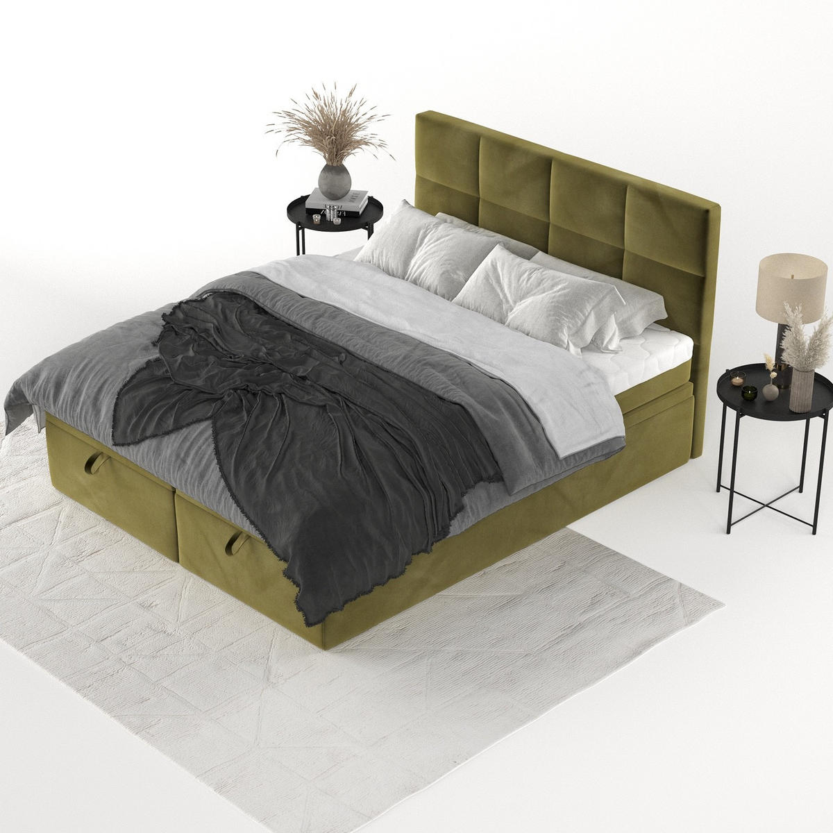 BOXBETT Tessa 180/200 cm Olivgrün im Kronos Stoff - Schwarz/Olivgrün, Holz/Holzwerkstoff (180/200cm) - AltaBeds