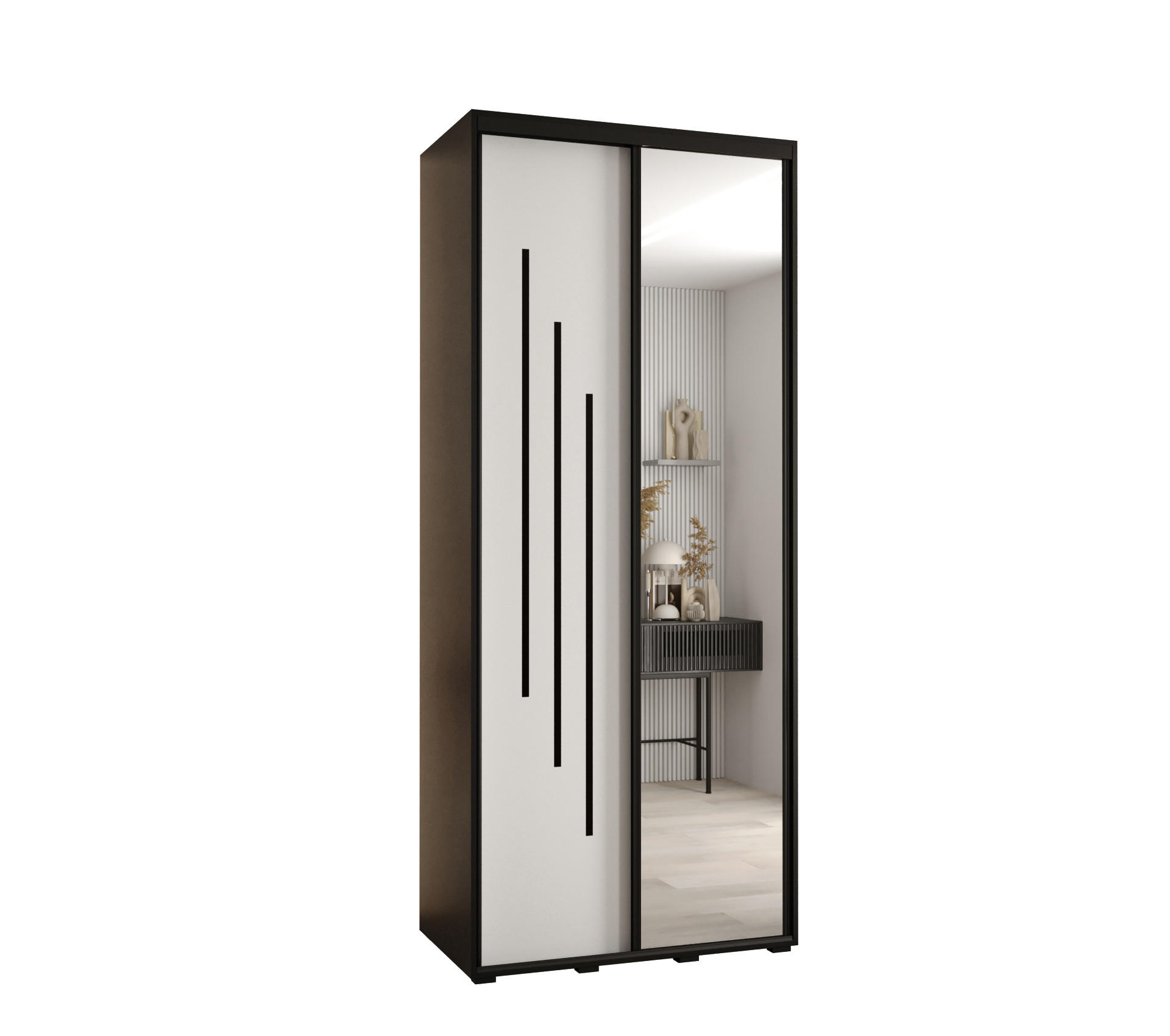 Abiks Möbel Schwebetürenschrank Schwarz, Weiß, Schwarz 110x235x60 cm