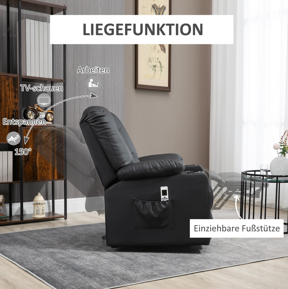 RELAXSESSEL in Schwarz 98x90x102 cm mit Aufstehhilfe, Liegefunktion und Massagefunktion - Schwarz, Metall (90/102/98cm) - IVMEU