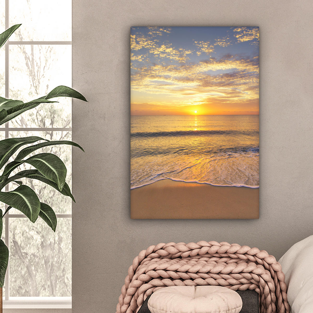 LEINWANDBILD Strand - Sonnenuntergang - Meer Wanddeko Schlafzimmer 60x90 cm - Gelb, Textil (60/90cm) - MuchoWow
