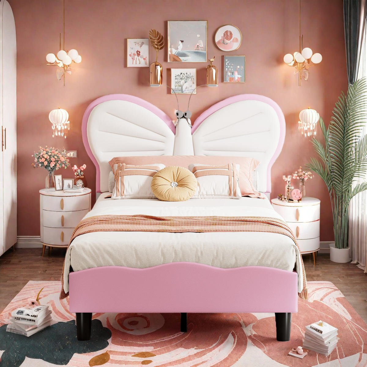 POLSTERBETT 90/200 cm Weiß Rosa mit LED-Leseleuchten - Rosa, Holz (90/200cm) - SHOPENTRA