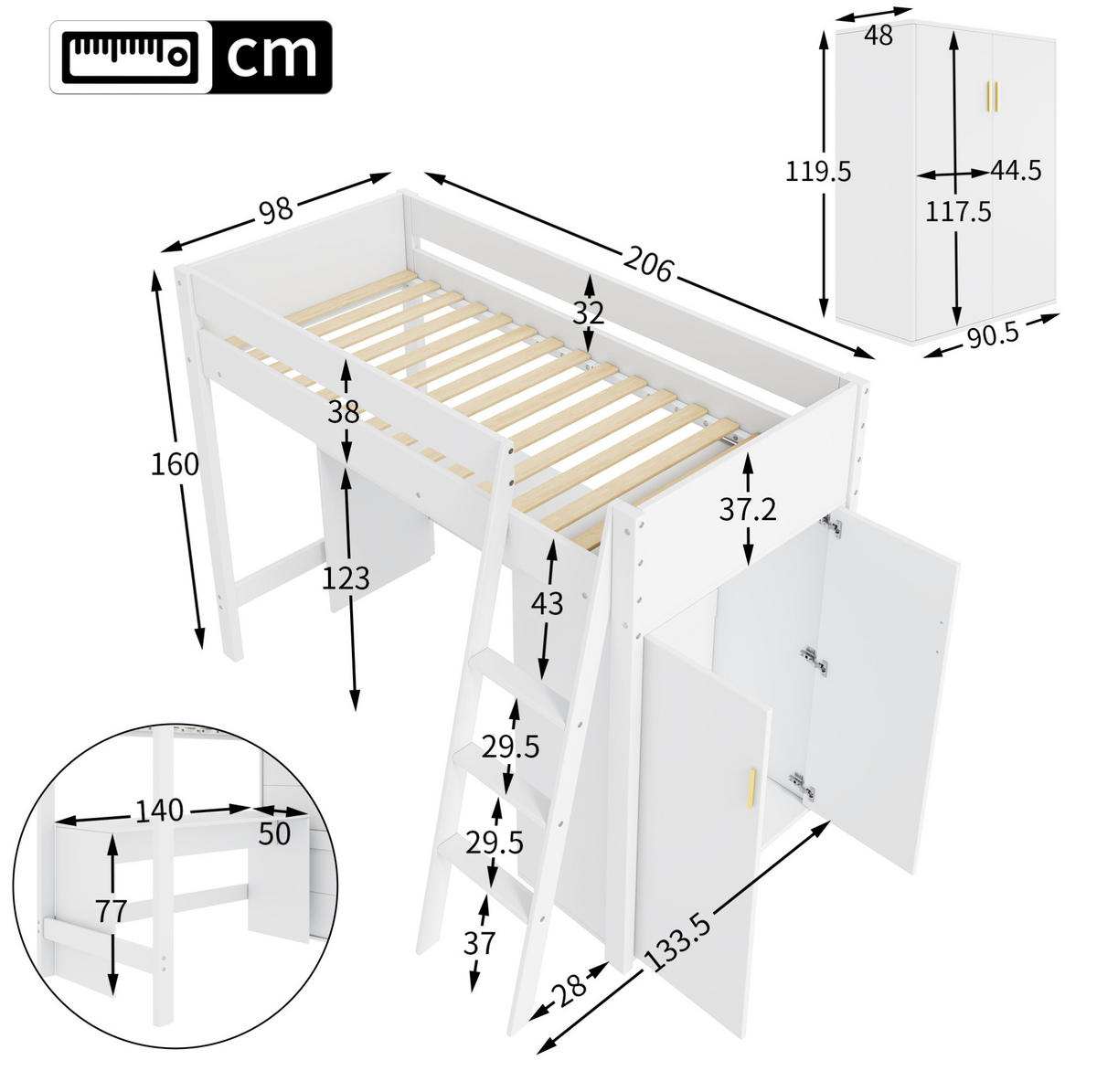 HOCHBETT 90/200 cm mit Schreibtisch, Kleiderschrank, Leiter und Lattenrost aus Massivholz, Weiß - Weiß, Holz (90/200cm) - Redom