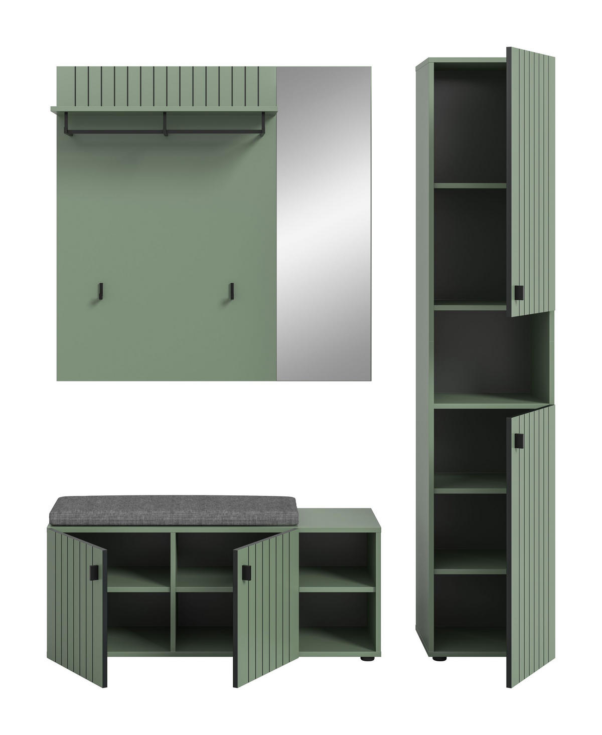 GARDEROBEN-SET inkl. Sitzkissen Luv 4-tlg. (B/H/T: ca. 161/192/37 cm) in Smoke Green/Smoke Green - Dunkelgrün, Holzwerkstoff (161/192/37cm)