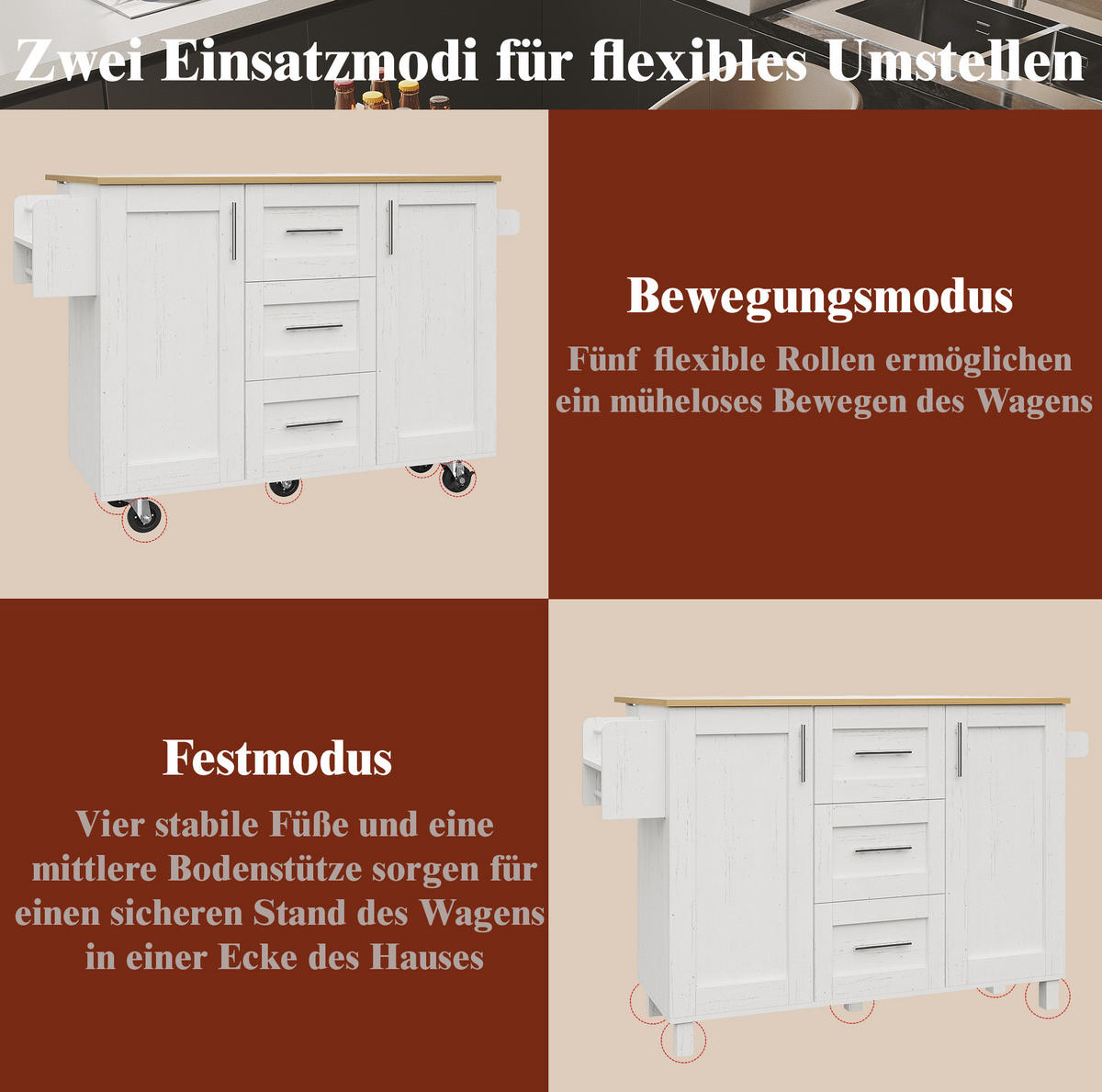 KÜCHENINSEL 135/46-74/86,6 cm aus MDF und Metall mit klappbarer Tischplatte und Rollen Weiß - Weiß, Holzwerkstoff (135/87.2/74cm) - Modenvie