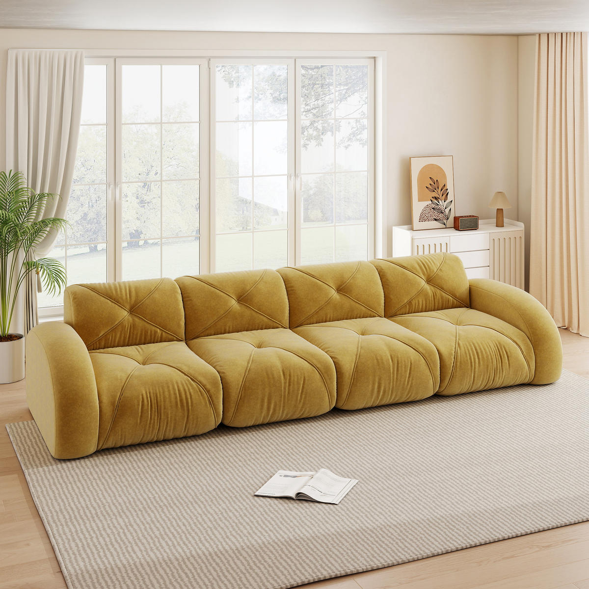 4-SITZER Sofa 358x95x76 cm aus Chenille-Stoff rahmenlos modular, gelb - Gelb, Textil (95/76/358cm)