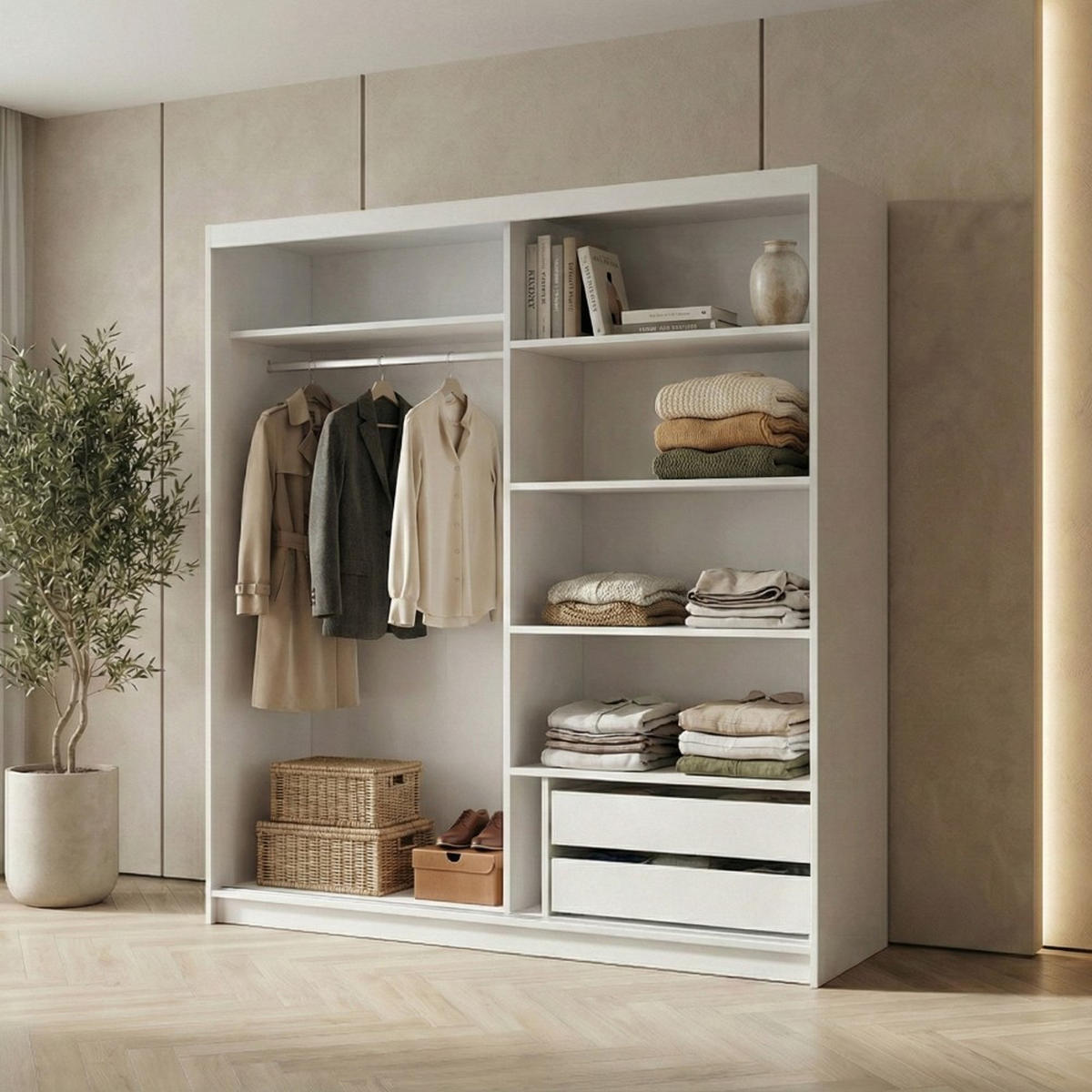 SCHWEBETÜRENSCHRANK Hela 180/205/60 2-türig weiß mit Schubladen - Weiß, Holzwerkstoff (180/205/60cm) - Beautysofa