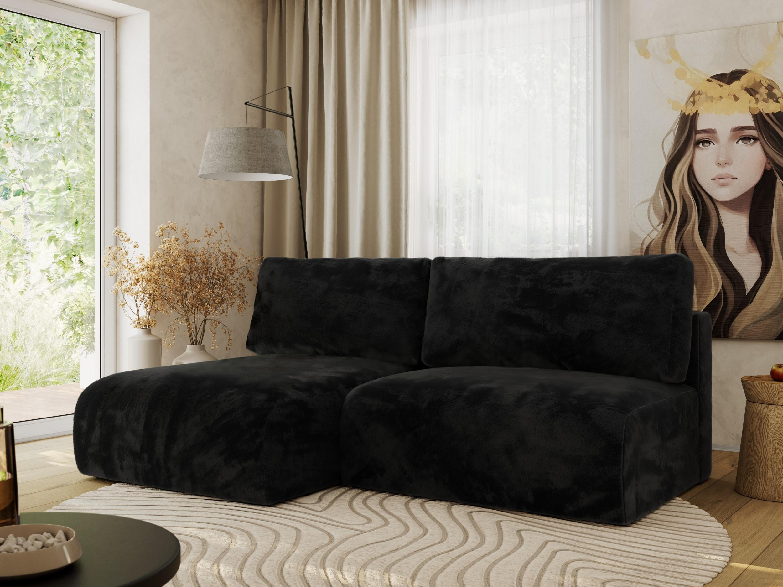 ECKSCHLAFSOFA VIVO L Schwarz Plüsch - links - Schwarz, Kunststoff/Textil (223/150cm) - MKS