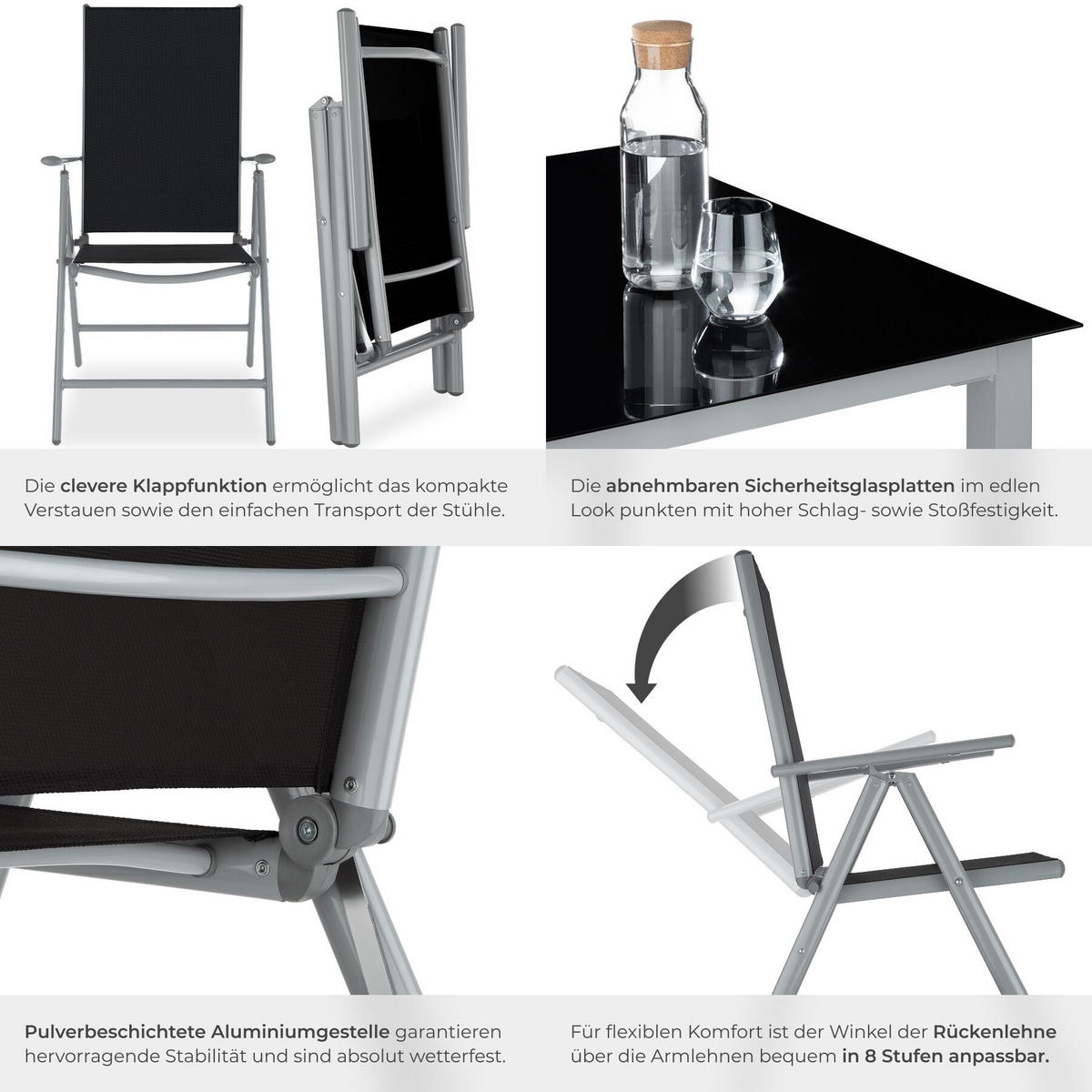 SITZGRUPPE Pompeii,Tisch mit Sicherheitsglasplatten und Ausgleichsschrauben,silber - Silberfarben, Naturmaterialien/Kunststoff - tectake