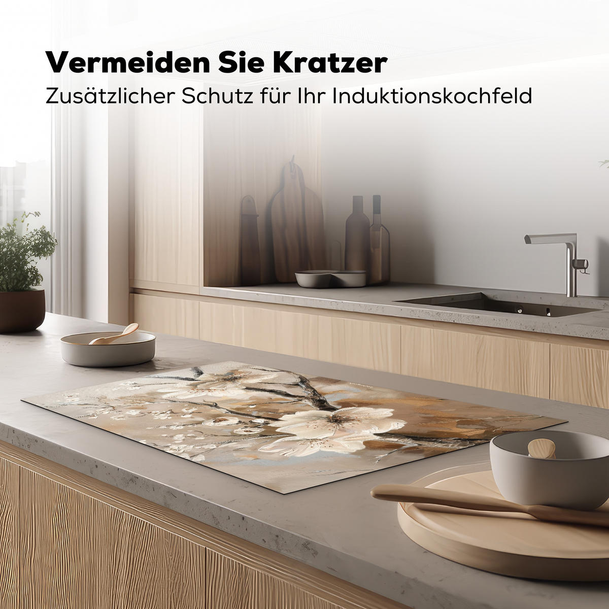 HERDABDECKPLATTE Blumen - Abstrakt - Gemalt - Beige Induktionsmatte 83x51 cm - Beige, Kunststoff (83/51.5/0.2cm) - MuchoWow