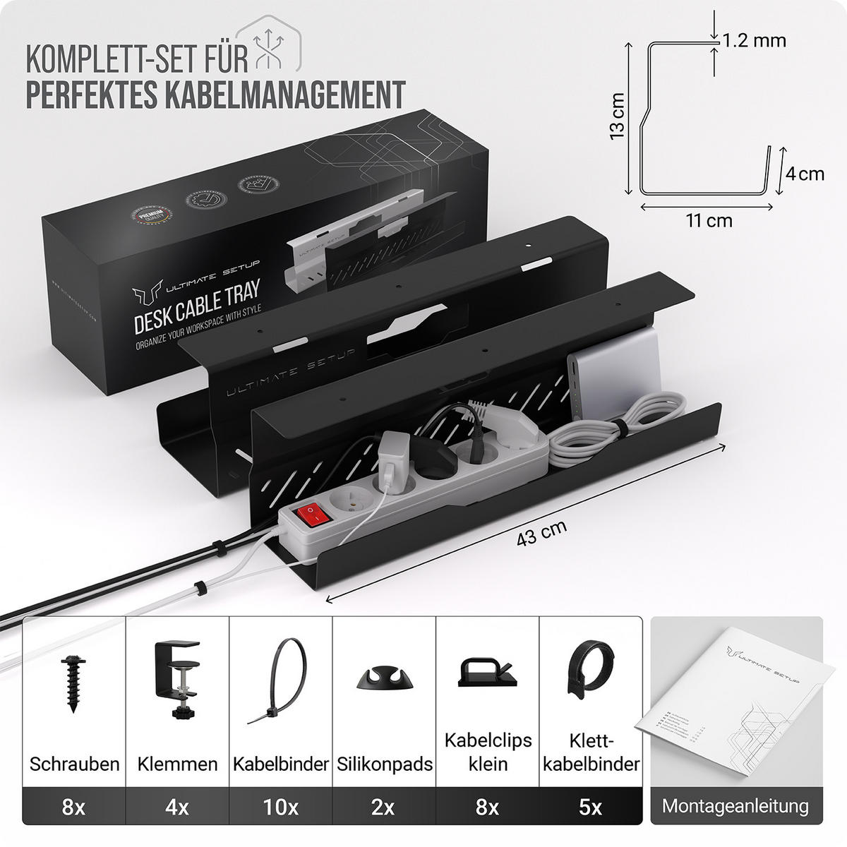 KABELKANAL Schreibtisch - Kabelmanagement Schreibtisch - Schwarz, 2er-Set - Schwarz, Metall (43/11/13cm) - Ultimate Setup
