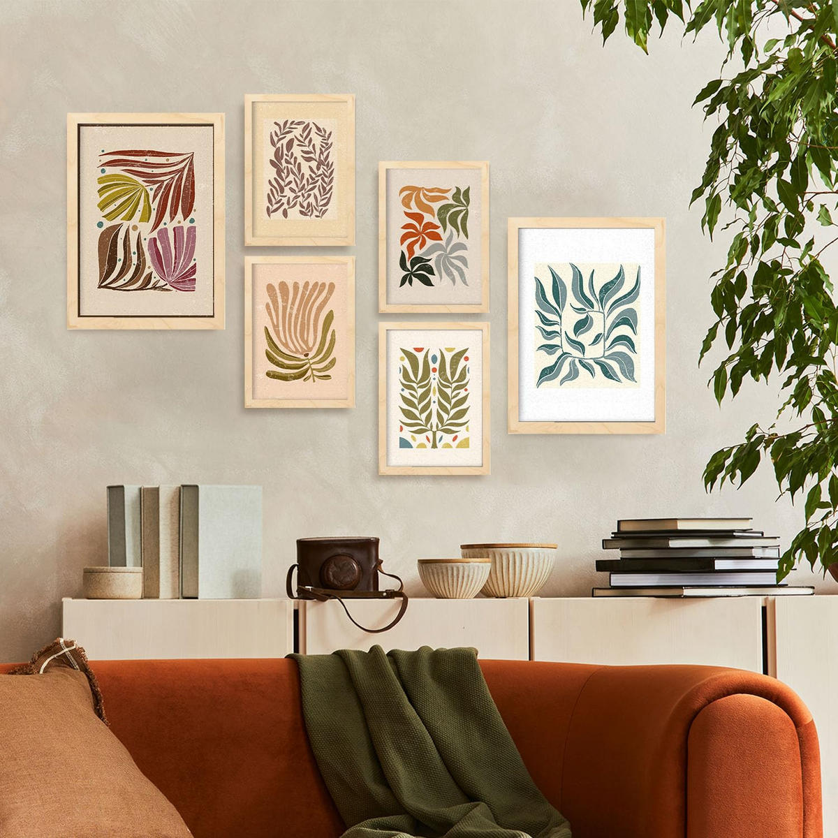 POSTER Set Mit 6 Drucken Von Blättern In Der Sammlung Ethnischer Ästhetische Dekorative Für Zuhause Wandkunstdruck A3 & A4 Rahmen Aus Hellem Holz - Beige, Papier (29/3cm) - Nacnic