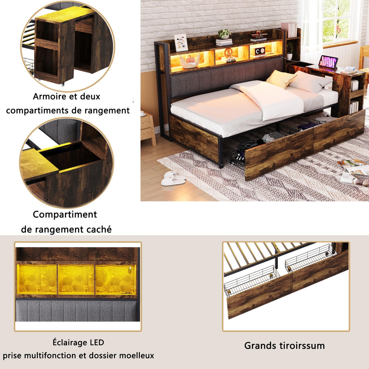 POLSTERBETT 90x200 Holz LED Schubladen Stauraum - Naturfarben, Metall (90/200cm) - FLIEKS