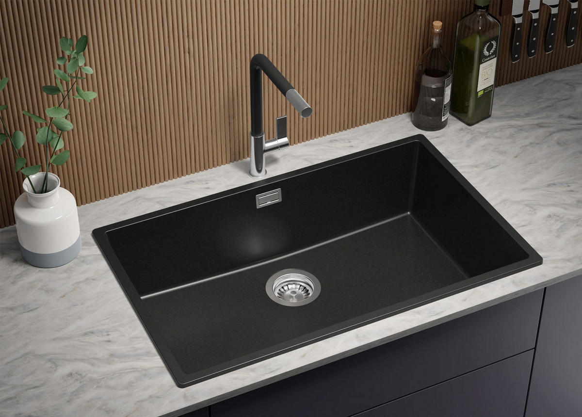 GRANITSPÜLE London Slim, 2-er set Schwarz 76/47 cm 1 Becken + Küchenarmatur 32/20 cm + Ablauf-Set ab 80er Unterschrank - Chromfarben/Schwarz, Kunststoff (76/20/47cm) - Primagran