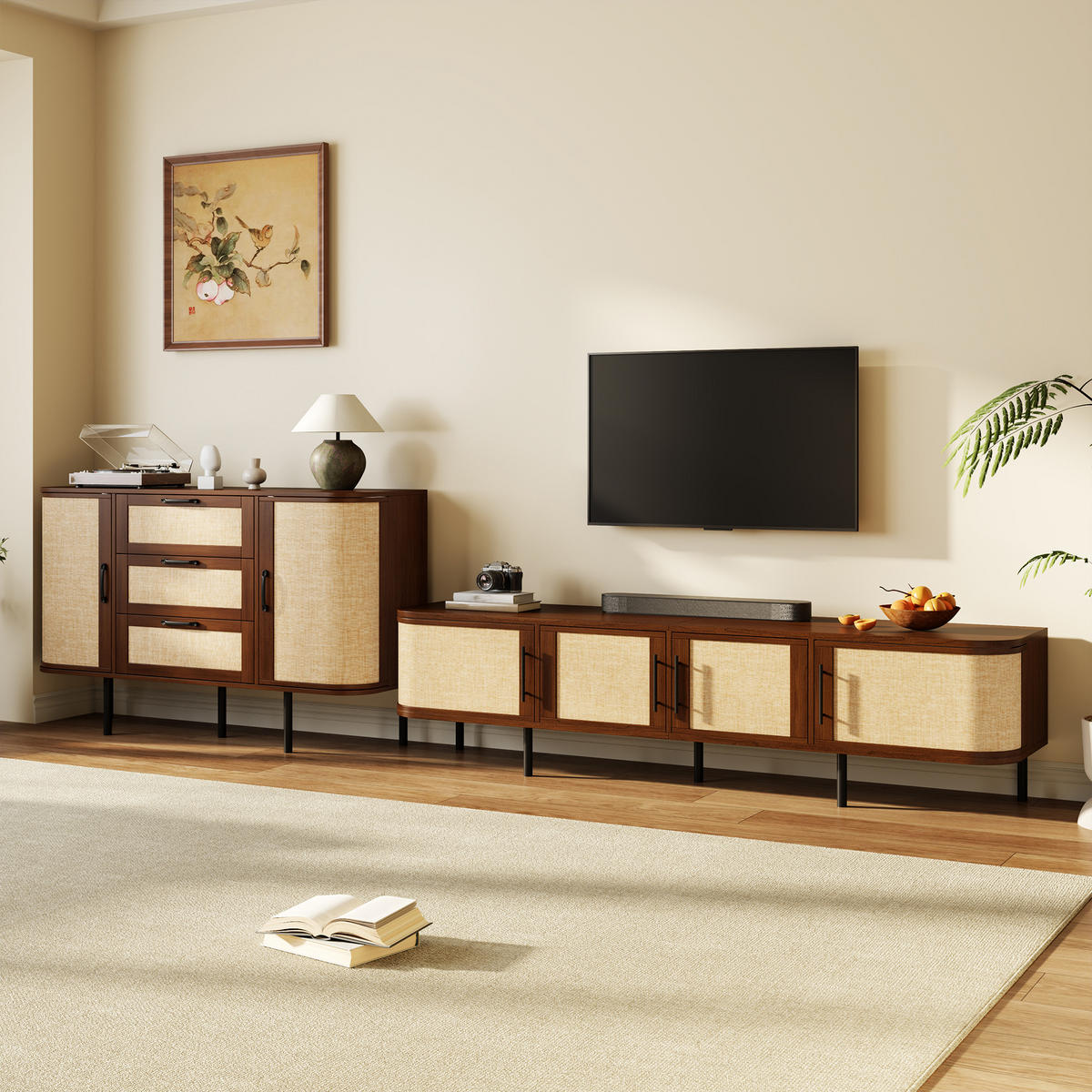 WOHNWAND DE-40152 2-teilig mit Geflechtfront Nussbaum - Walnussfarben, Holzwerkstoff (120/82/40cm) - ComfortXL