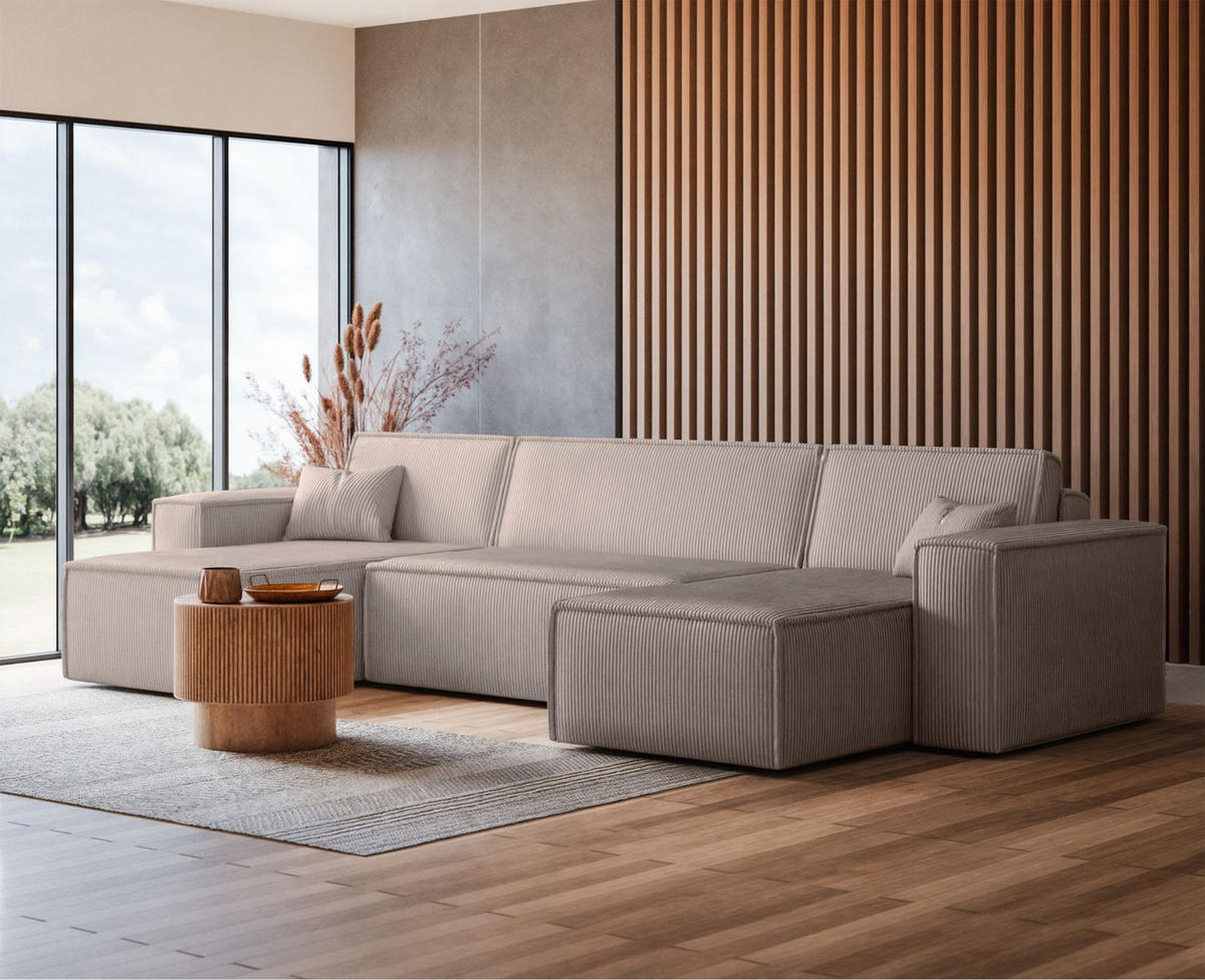 WOHNLANDSCHAFT Scarlo Beige Cordbezug - Beige/Schwarz, Kunststoff/Textil (244/83/145cm) - Selsey