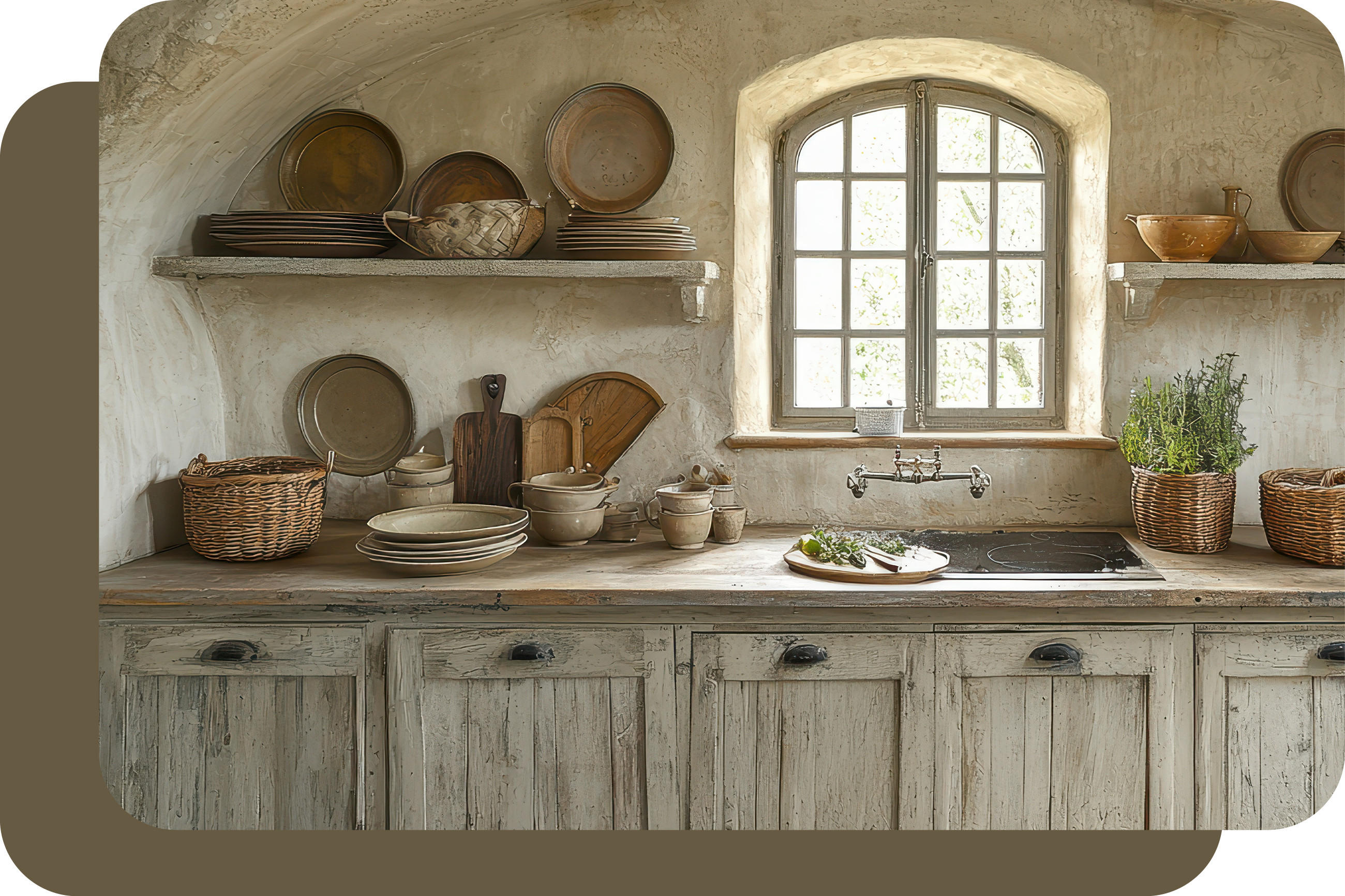 Küchenzeile im modernen Ranch-Stil mit Holzschränken, Spüle, Töpfen und Geschirr auf Regalen. Fenster mit mehreren kleinen Scheiben.