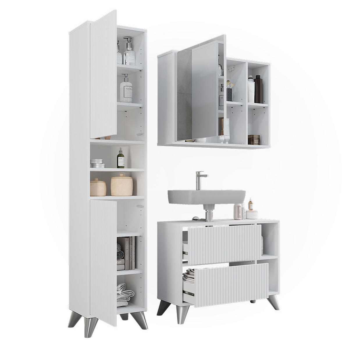 BADMÖBEL-SET Leano Weiß 80 cm, Set 3 - Weiß, Holzwerkstoff (80/62/30cm) - Vicco