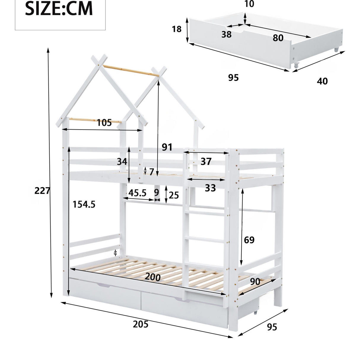 HAUSBETT 90/200 cm Weiß mit Stauraum und Regal aus Kiefer massiv - Weiß, Holzwerkstoff (90/200cm) - Flora Grace