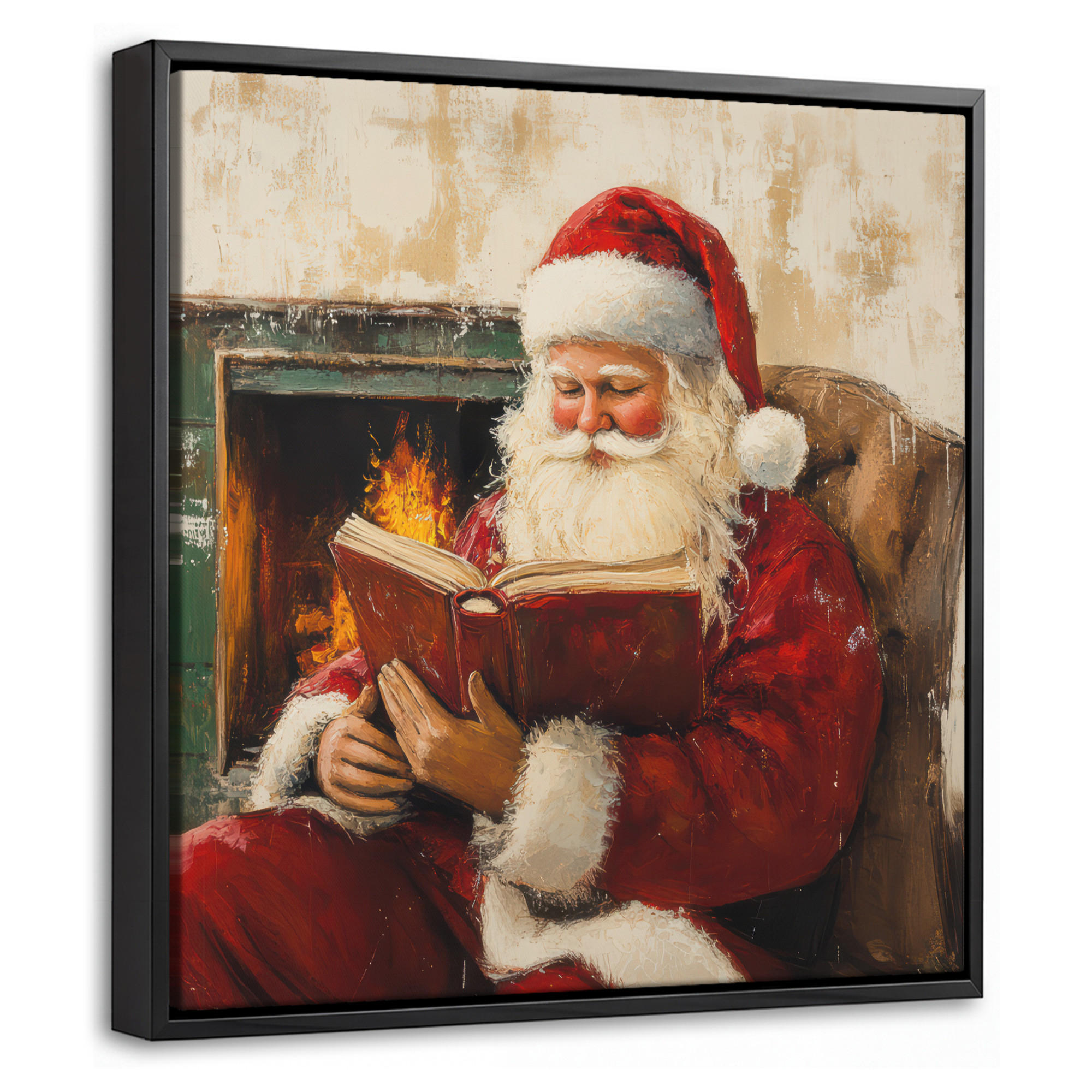 LEINWAND Bilder mit Rahmen - Weihnachten - Weihnachtsmann - Winter - Open Fireside - 20x20 - Dunkelrot, Textil (20/20cm) - MuchoWow