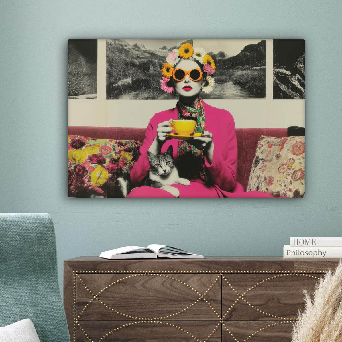 LEINWANDBILD Frau - Katze - Blumen - Tasse - Retro Wanddeko 90x60 cm - Magenta, Textil (90/60cm) - MuchoWow