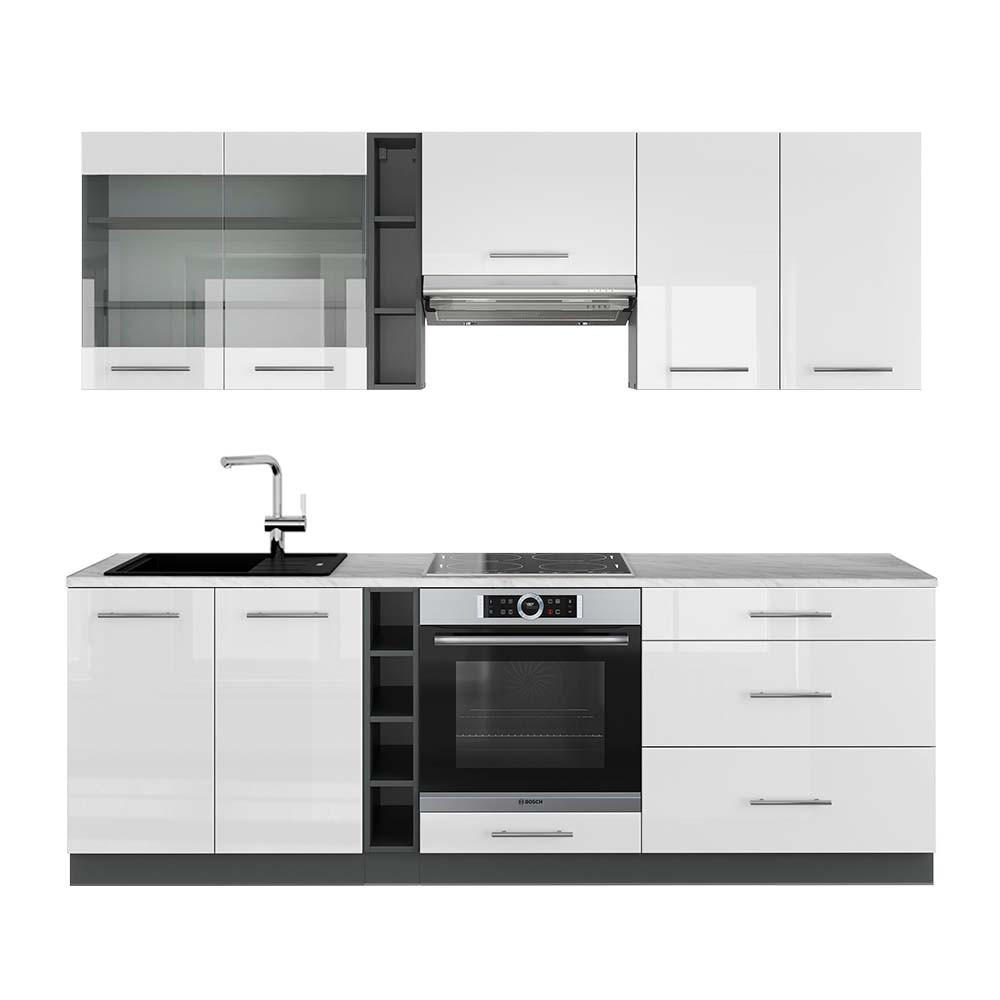 KÜCHENZEILE Fame-Line Weiß Hochglanz/Anthrazit 235 cm, AP Marmor - Weiß Hochglanz/Anthrazit, Holzwerkstoff (235/81.6/60cm) - Vicco