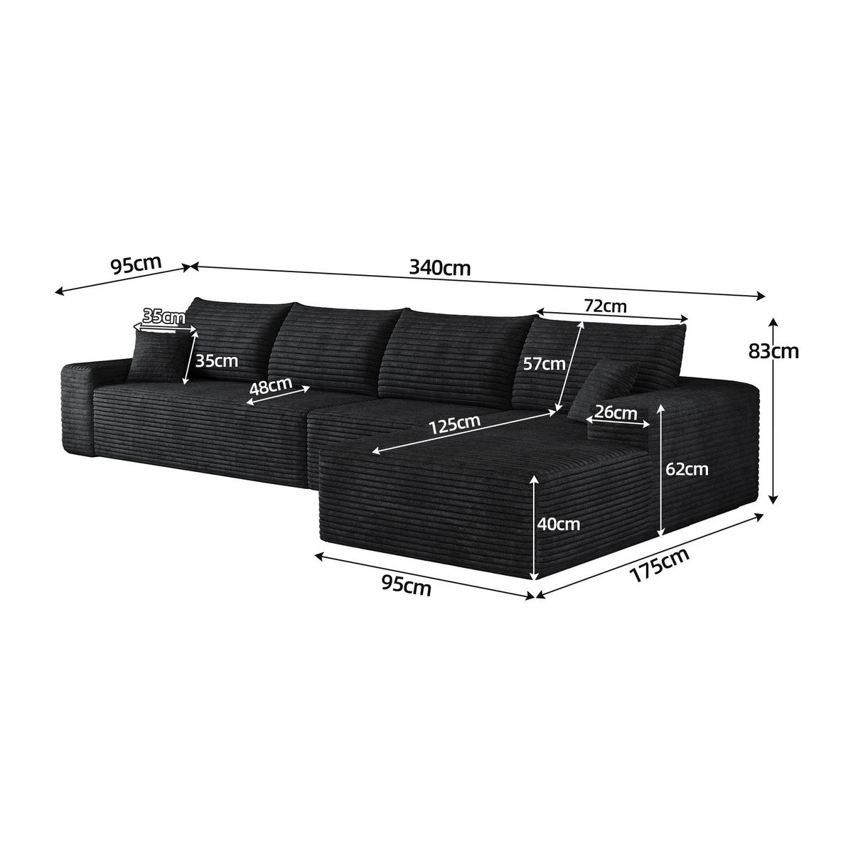 ECKSOFA 340/175/83 cm Schwarz mit L-förmiger Chaiselongue, Rechte Seite - Schwarz, Textil (340/175cm) - Oxeza