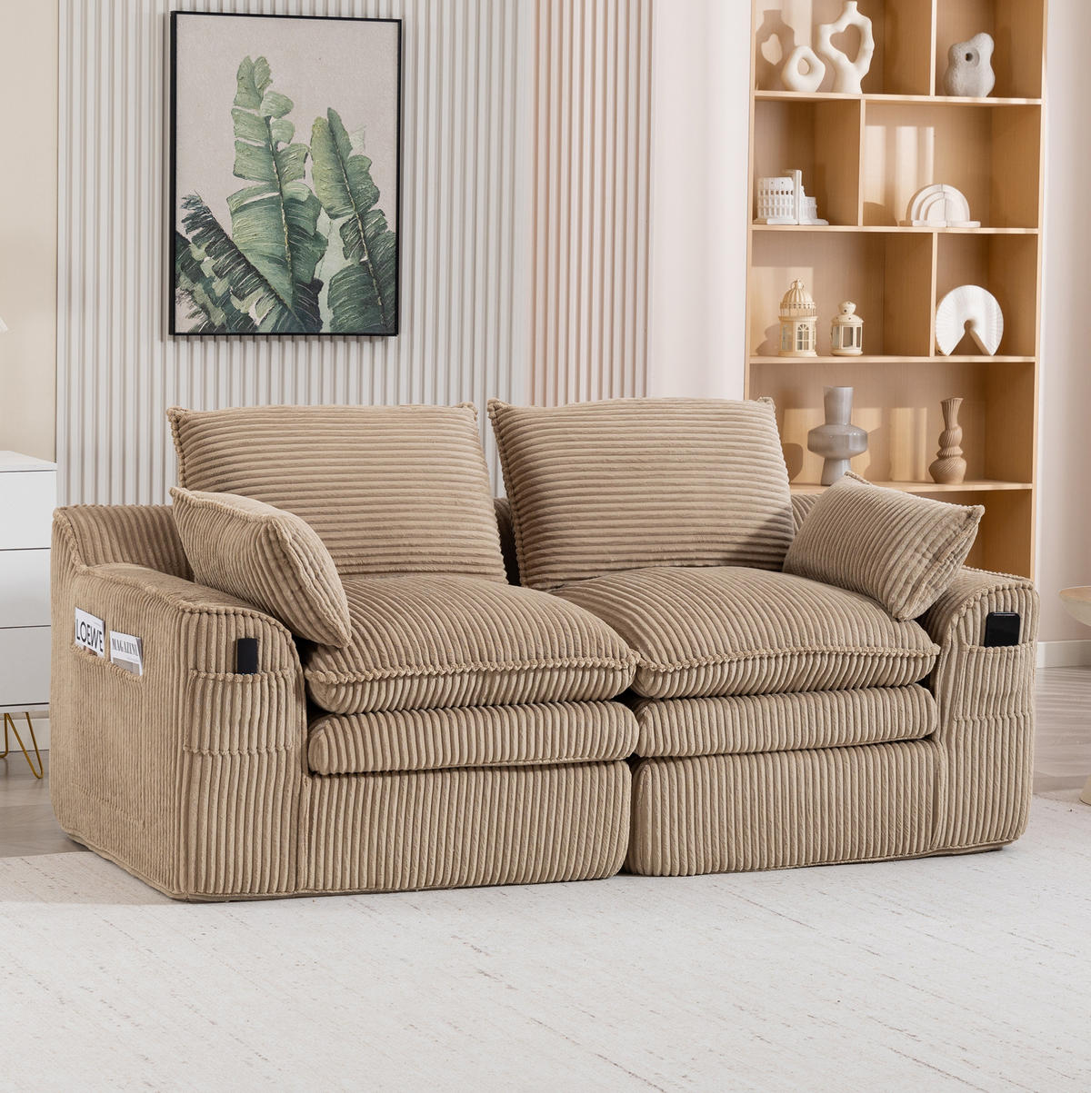 2-SITZER-SOFA 191/94/85 cm mit Seitentaschen, Kissen und Federkern, Khaki - Beige, Textil (191/85/94cm) - Redom
