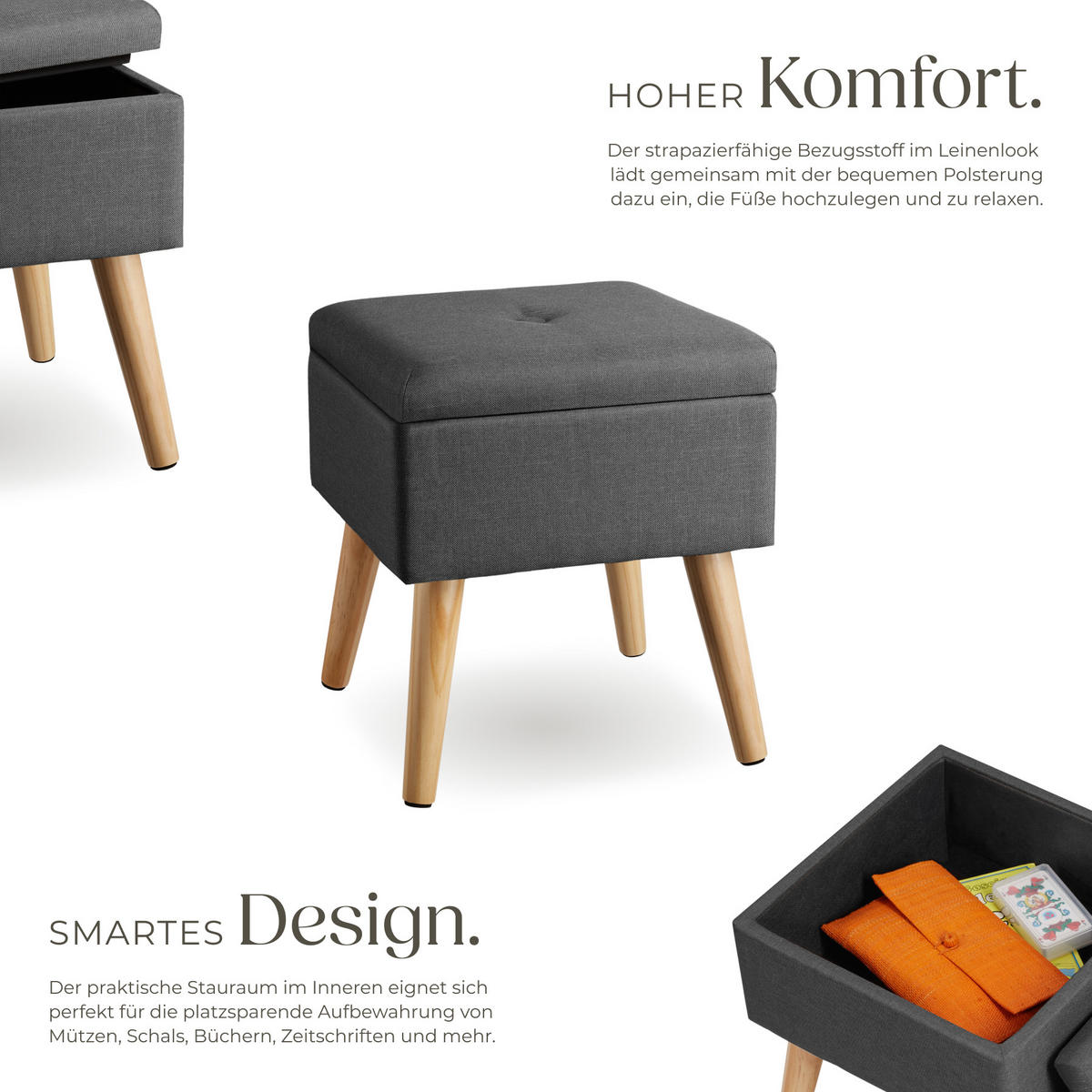 SITZHOCKER mit Stauraum Elva,32,5 x 32,5 x 36,5 cm,dunkelgrau - Dunkelgrau, Holz (32.5/36.5/32.5cm) - tectake