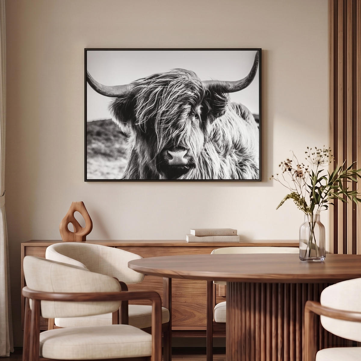 LEINWAND Bilder mit Rahmen - Kuh - Schottischer Hochländer - Schwarz - Weiß - Tier - Natur - Wildtiere - 100x70 - Schwarz, Textil (100/70cm) - MuchoWow