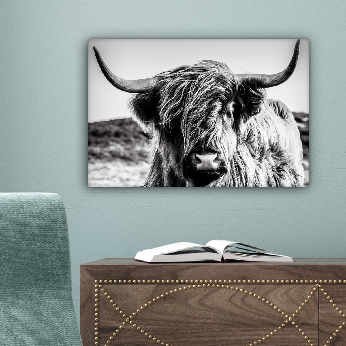 LEINWANDBILD Kuh - Schottischer Hochländer - Schwarz - Weiß - Tier - Natur - Wildtiere 30x20 cm - Schwarz, Textil (30/20cm) - MuchoWow